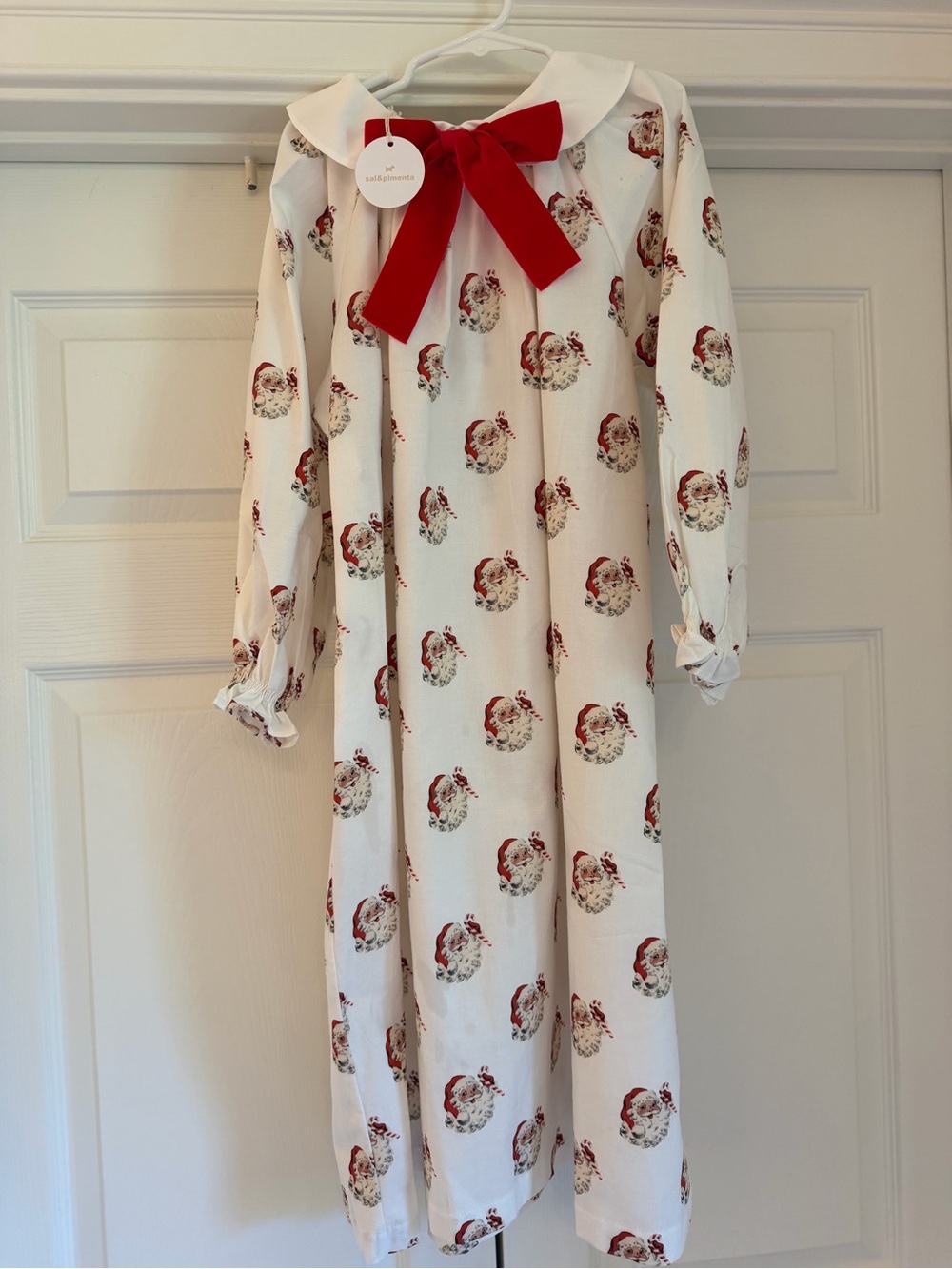 NWT Sal & Pimenta Girls vintage Santa-Print Nightgown with Red velvet Bow 12
